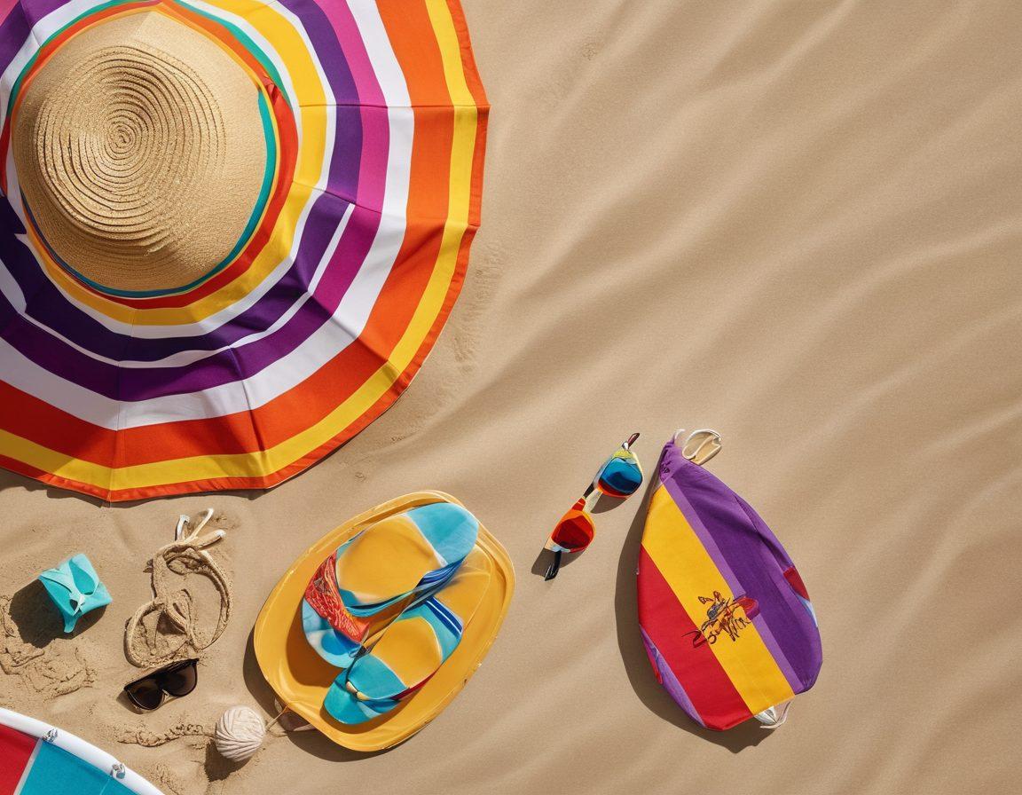 A beach scene showcasing stylish swim essentials for 2023: colorful swimsuits, trendy sunglasses, and vibrant beach towels artfully arranged on warm sand. Include a bright sun hat and a surfboard casually leaning against a beach umbrella. The ocean waves in the background create a refreshing atmosphere. Bright colors and summery vibes. super-realistic. vibrant colors.